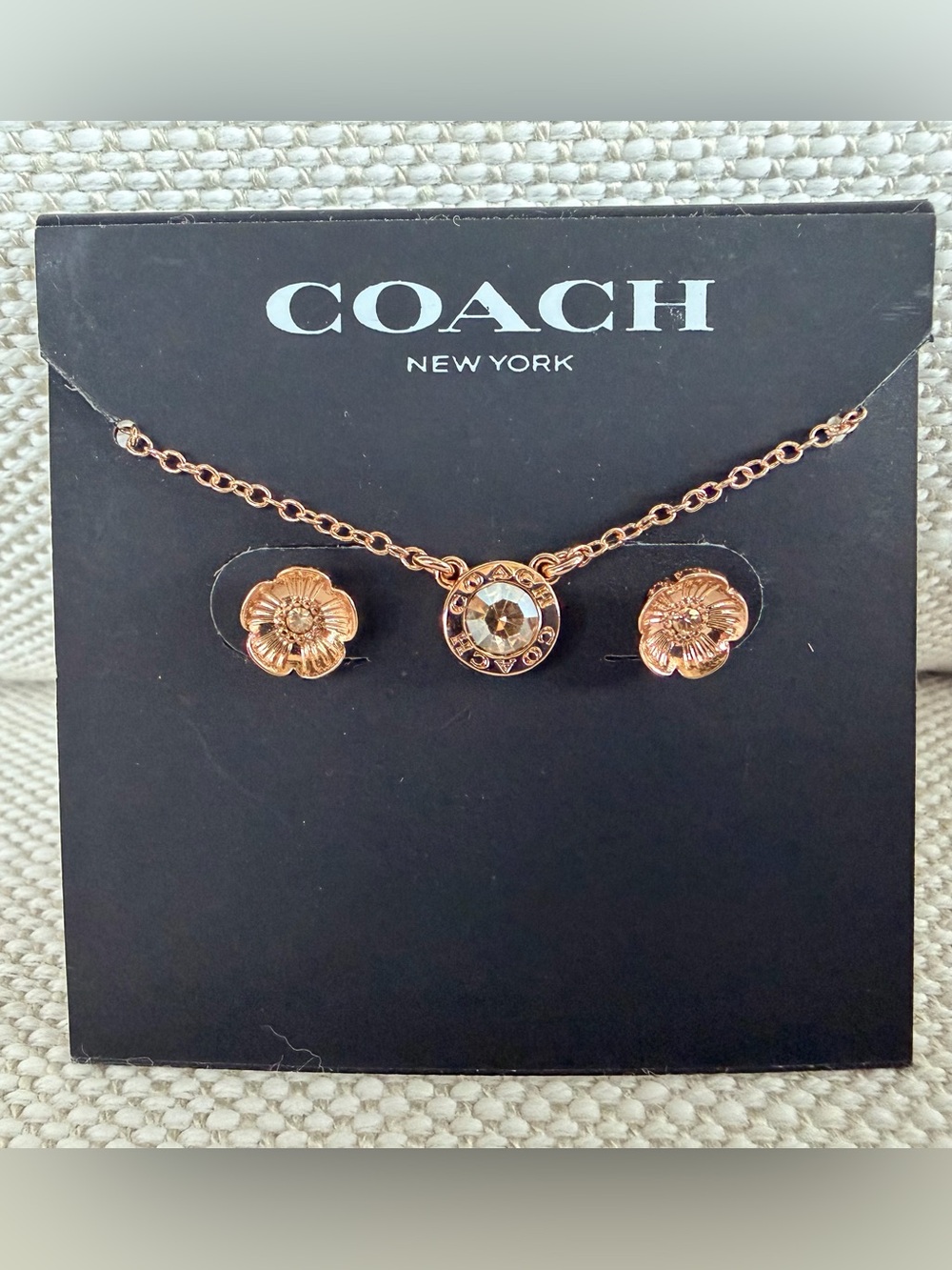 COACH Rose Gold Crystal Necklace Tea Rose Earrings Jewelry Set NWT